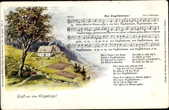 Song Postcard Vogel, Wilhelm, Dar Vuglbärbaam, landscape idyll, Erzgebirge