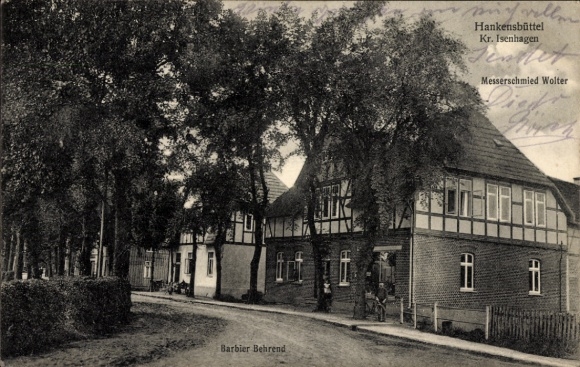 Postcard Hankensbüttel in Lower Saxony, knife maker Wolter, barber Behrend
