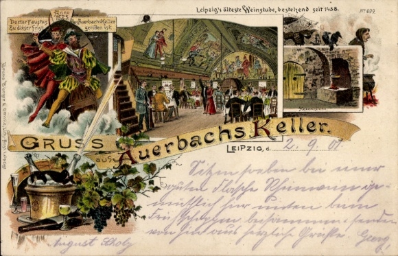 Chromo-Litho Leipzig in Saxony, views of Auerbach's Cellar, witch's kitchen, Faust legend