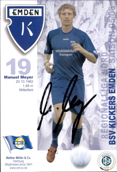 Karta z autografem piłkarza Manuela Meyera, BSV Kickers Emden, autograf