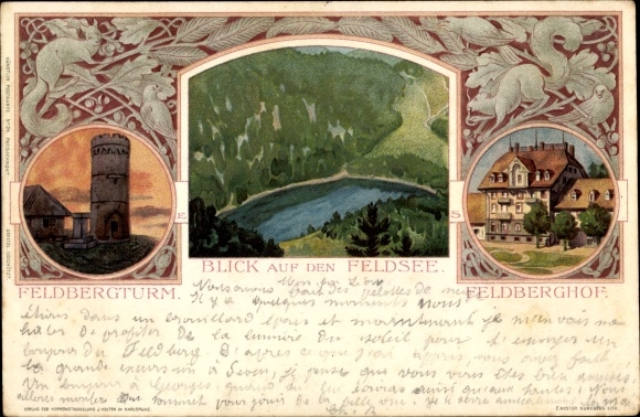 Art Nouveau Chromo-Litho Feldberg in the Black Forest Baden Württemberg, Feldberg Tower, Feldsee, squirrel