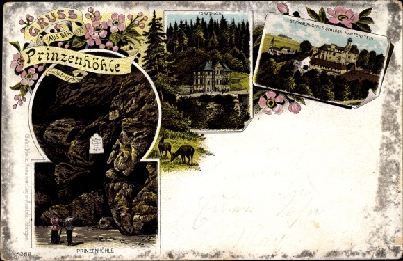 Chromo-Litho Hartenstein in the Ore Mountains of Saxony, Prince's Cave, Forester's House, Hartenstein Castle