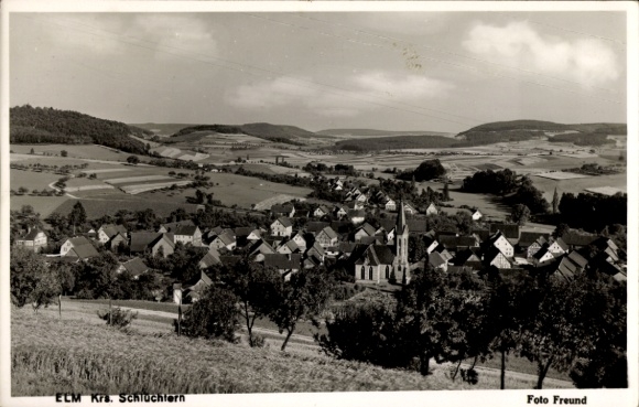 Postcard Schlüchtern in Hesse, landscape photo, villages, church, hills