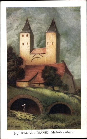 Artist PC Jean Jacques Waltz, Hansi, Murbach Alsace Haut Rhin, view of the church