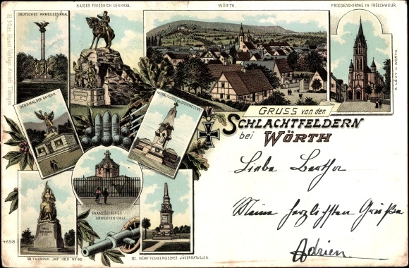 Chromo-Litho Wœrth Wörth an der Sauer Alsace Bas Rhin, salute from the battlefields, monuments