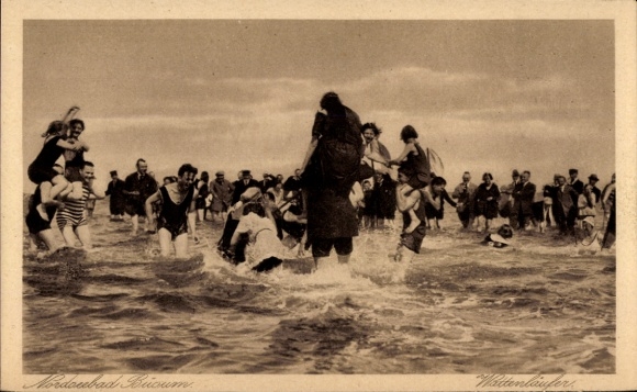 Ak Nordseebad Büsum, strand, mensen in het water, zwemmers, Nordaubad Kücum