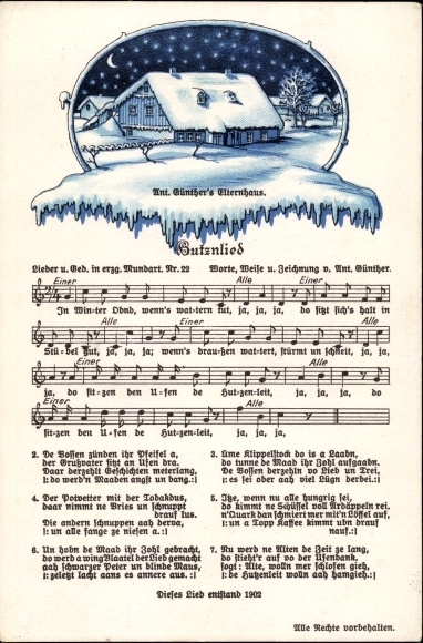 Song Postcard Günther, Anton, Butznlied, parents&#39; house in winter, Ore Mountain dialect No. 22