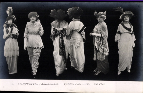 KP paryskie sylwetki, moda letnia 1913, damy w sukienkach, kapeluszach