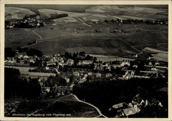 Postcard Westheim near Augsburg Neusäß in Swabia, aerial view of Westheim, rural landscape