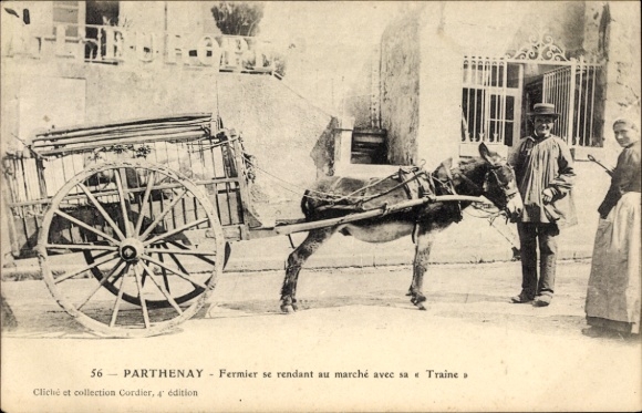 Ak Parthenay Deux Sèvres, Ein Bauer mit seinem Eselskarren auf dem Weg zum Markt.