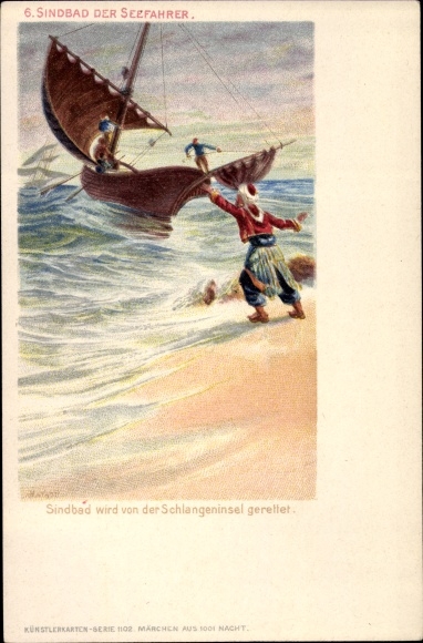 Kunstenaar litho Fairy Tale uit 1001 Nights, Sinbad the Sailor wordt gered van Snake Island