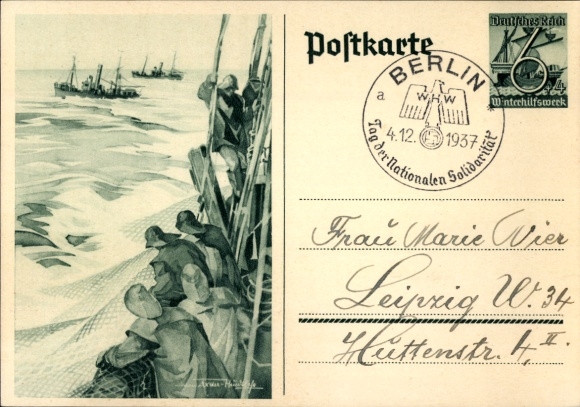 Postwaardestuk Ansichtkaart Axster Heudtlaß, vissers op volle zee, vissersboten