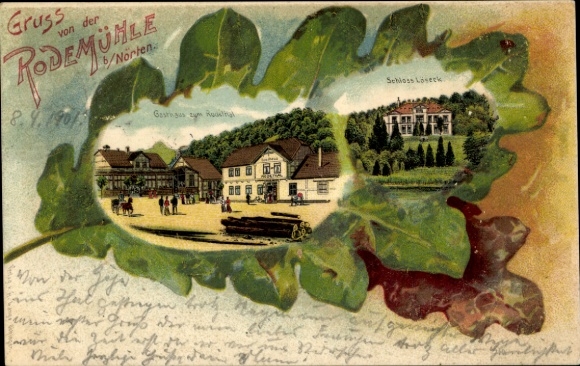 Liść dębu litho Nörten Hardenberg w Dolnej Saksonii, zajazd Rodemühle, zamek