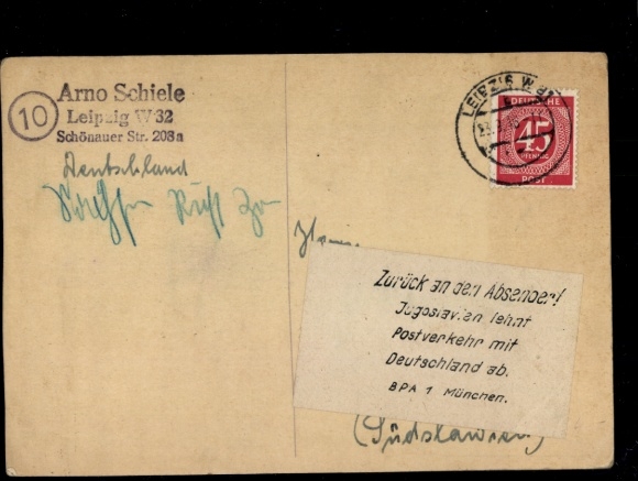 Michel No. 931 on PC to Yugoslavia with postal service rejection
