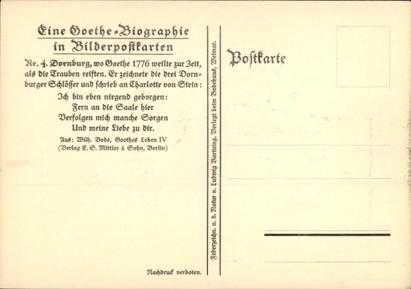 Artist Postcard Dornburg an der Saale Thuringia, Goethe biography, poem, No. 4