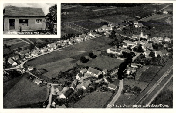 Postcard Unterhausen Oberhausen in Upper Bavaria, aerial photograph, general store Volt