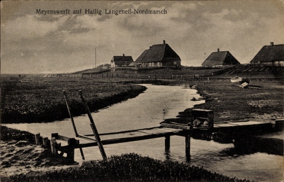 Ak Hallig Langeness Langeneß Noord-Friesland, rivier, huizen