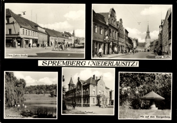 passe-partout Ak Spremberg in Lausitz, Clara Zetkin Street, Lange Street, Schwanenteich, postkantoor