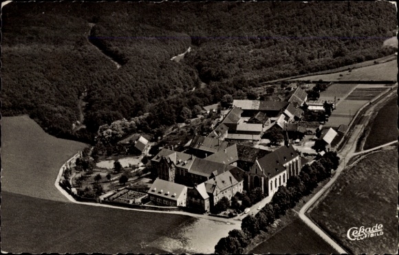Postcard Heimbach in the Eifel, aerial view of Mariawald Abbey, Eifel, landscape, trees, fields