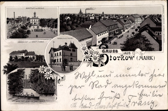 Chromo-Litho Storkow in the Mark, market square, town hall, post office, steam mill, domain, courthouse