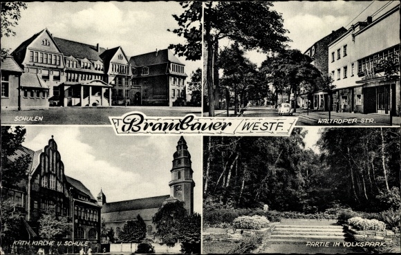 Ak Brambauer Lünen in Westfalen, scholen, openbaar park, kerk, Waltroper Strasse