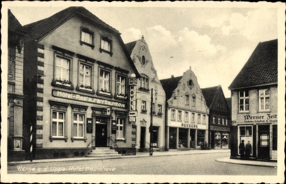 Postcard Werne in the Unna district of North Rhine-Westphalia, Hotel Restaurant Baumhave, newspaper publisher, street section