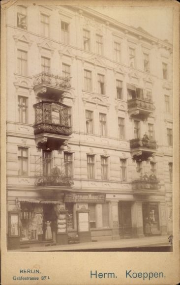 Kastfoto Berlijn Prenzlauer Berg, Dunckerstraße 48, winkels Pfister, Hempel, Hermann Maass