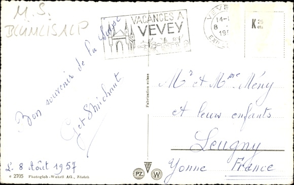 Postcard Vevey Canton of Vaud, MS Blümlisalp, Hünegg Castle, Eiger, Mönch and Jungfrau