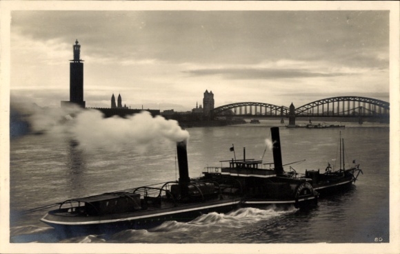 Postcard Cologne on the Rhine, Rhine tugboat, Press Tower, Hohenzollern Bridge