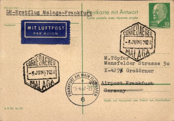 Papeteria pocztowa KP DDR, znaczek lotniczy pierwszy lot LH pierwszy lot Malaga - Frankfurt