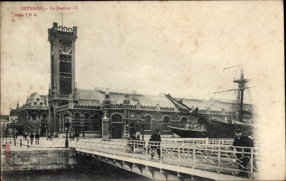 Postcard Ostend West Flanders, train station, street side, bridge