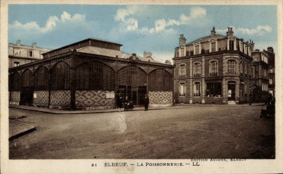 Ak Elbeuf Seine Maritime, Postkarte mit Markthalle, Gebäude, Straßenansicht