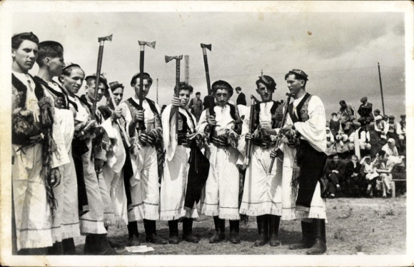 Postcard men in Slovak folk costumes, festival, Ciupaga
