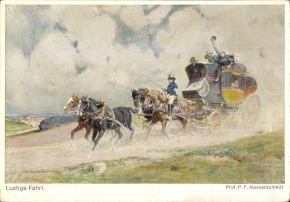 Postwaardestuk kunstenaar ansichtkaart Messerschmitt, PF, grappige rit, postkoets