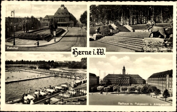 Ak Herne im Ruhrgebiet Westfalen, Bahnhof, Zoo und Sommerbad, Rathaus mit Polizeiamt