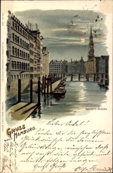 Litho Hamburg Mitte Altstadt, Reimers Brücke, Mondschein