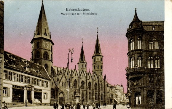 Postcard Kaiserslautern in the Palatinate, front view of Marktstraße, Stiftskirche, historical buildings