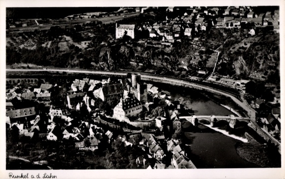 Postcard Runkel an der Lahn, aerial view of Lahn, city view, river, bridge