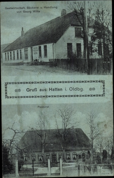 Moonlight Postcard Hatten in Oldenburg, inn, bakery and business Georg Witte, pastorate