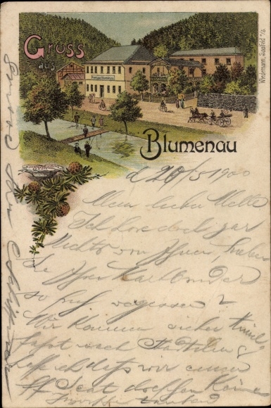 lito Blumenau Schwarzatal w Turyngii, zajazd, rzeka, most