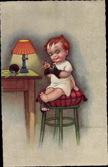 Artist PC Colombo, E., girl stuffs his socks, table lamp, scissors
