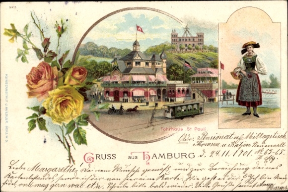 Chromo-Litho Hamburg St. Pauli, tram in front of the ferry house, girl in traditional costume