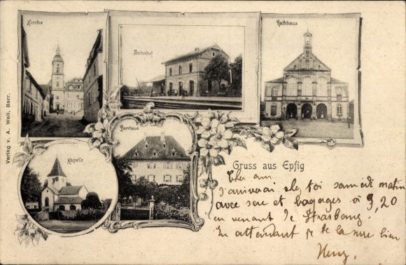 Postcard Epfig Alsace Bas Rhin, train station, track side, town hall, church, rectory, chapel