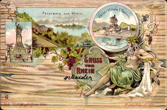 Litho Koblenz am Rhein, Panorama, Kaiser Wilhelm I. Denkmal, Niederwald Nationaldenkmal