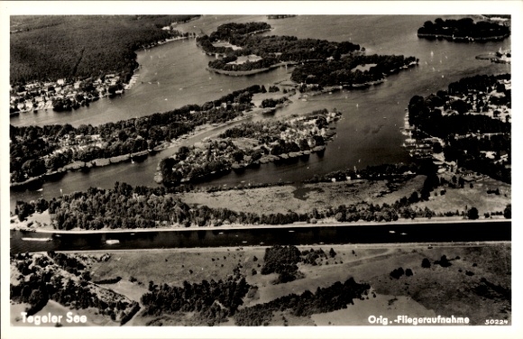 Postcard Berlin Reinickendorf Tegel, aerial photograph, Tegeler See, Zum Strandkeller