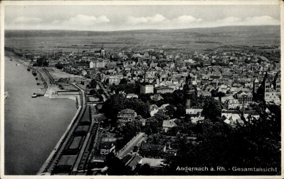 Postcard Andernach am Rhein, general view, city view, Rhine, trees, river