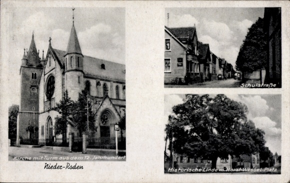 Postcard Nieder Roden Rodgau Hessen, Church, Schulstraße, Horst Wessel Platz, Historic Linden Tree