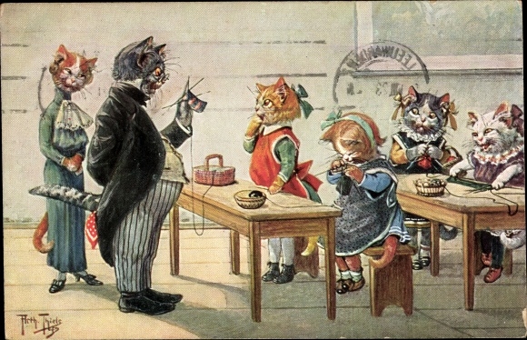 Artist PC Thiele, Arthur, humanized cats in school while knitting
