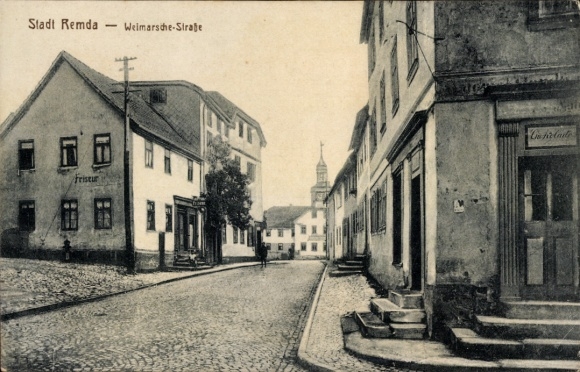 Ak Remda Rudolstadt in Thüringen, Alte Straße, Häuser, Friseur, Stadt  Weimarsche Straße