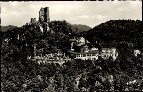 Postcard Koenigswinter am Rhein, Drachenfels, hotel restaurant, ruins